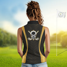 Load image into Gallery viewer, Golfer wearing Custom Skull womens sleeveless golf polo shirt black gold personalized golf gift for men on the golf course