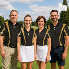 Load image into Gallery viewer, Four golfers in Custom Skull mens golf polo shirt black gold standing on a golf course 