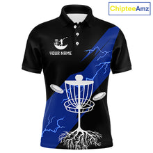 Load image into Gallery viewer, Blue Mens Disc Golf Polo Shirts Custom Thunder Lightning Team Disc Golf Jerseys, Disc Golf Gifts NBT649