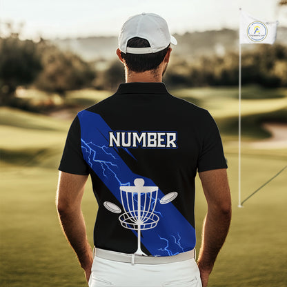 Blue Mens Disc Golf Polo Shirts Custom Thunder Lightning Team Disc Golf Jerseys, Disc Golf Gifts NBT649