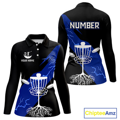 Blue Womens Disc Golf Polo Shirts Custom Thunder Lightning Team Disc Golf Jerseys, Disc Golf Gifts NBT649