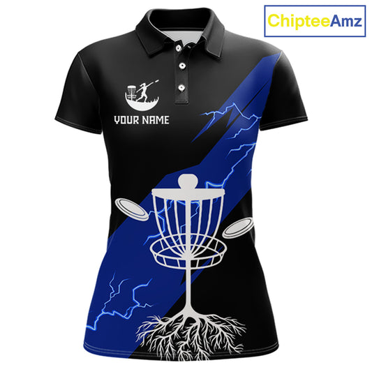 Blue Womens Disc Golf Polo Shirts Custom Thunder Lightning Team Disc Golf Jerseys, Disc Golf Gifts NBT649