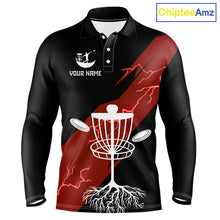 Load image into Gallery viewer, Red Mens Disc Golf Polo Shirts Custom Thunder Lightning Team Disc Golf Jerseys, Disc Golf Gifts NBT650