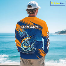Load image into Gallery viewer, Custom Marlin Fishing Blue Orange Long Sleeve Shirts, Marlin Saltwater Fishing Jerseys NBT857