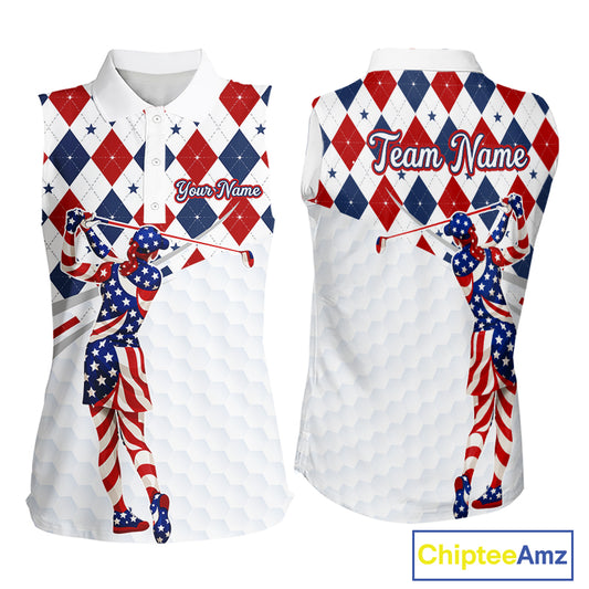 American Flag Sleeveless Golf Polo Shirt For Womens Patriotic White Golf Shirt 4th of July Golf Outfit Golf Gifts NBT520