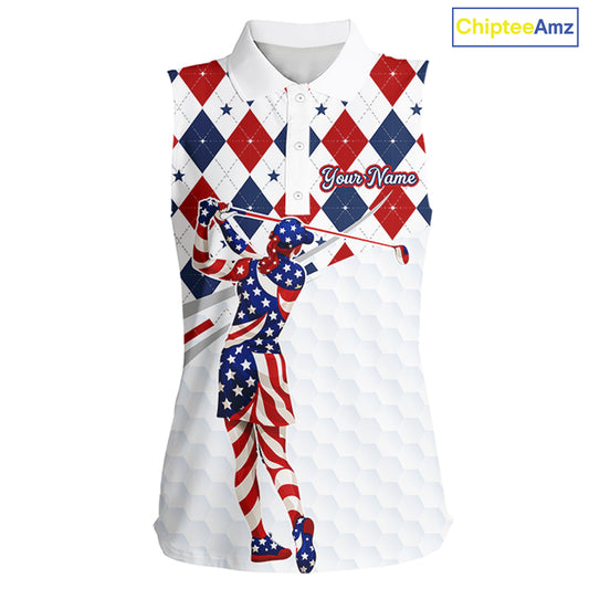 American Flag Sleeveless Golf Polo Shirt For Womens Patriotic White Golf Shirt 4th of July Golf Outfit Golf Gifts NBT520