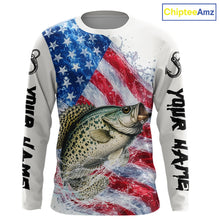 Load image into Gallery viewer, American Flag Patriotic Crappie Fishing Custom Long Sleeve Shirts, 4th of July Fishing Tournament Shirts NBT525