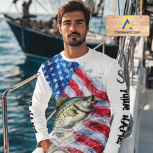 Load image into Gallery viewer, American Flag Patriotic Crappie Fishing Custom Long Sleeve Shirts, 4th of July Fishing Tournament Shirts NBT525