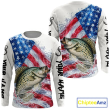 Load image into Gallery viewer, American Flag Patriotic Crappie Fishing Custom Long Sleeve Shirts, 4th of July Fishing Tournament Shirts NBT525