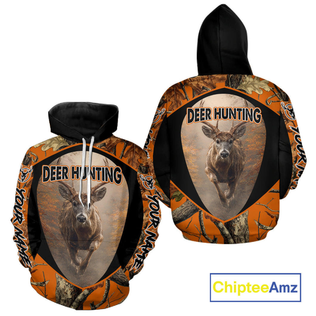 Deer Hunting Shirt Orange Camouflage Hoodie, Long Sleeve Custom Name For Men NBT245