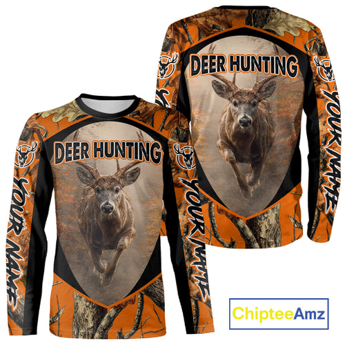 Deer Hunting Shirt Orange Camouflage Hoodie, Long Sleeve Custom Name For Men NBT245
