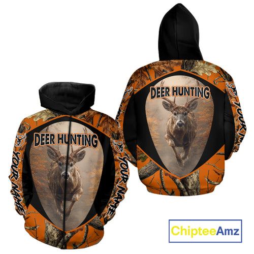 Deer Hunting Shirt Orange Camouflage Hoodie, Long Sleeve Custom Name For Men NBT245