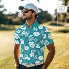 Load image into Gallery viewer, Man wearing a tropical patterned shirt on a golf course with a flag in the background.