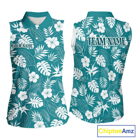Teal sleeveless shirt with white floral pattern and customizable text on a white background