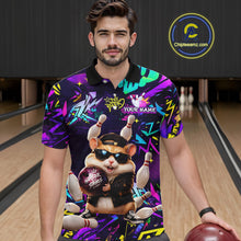 Load image into Gallery viewer, Bowler wearing custom funny hamster purple graffiti bowling shirt on the lanes
