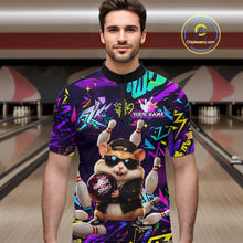 Load image into Gallery viewer, Bowler wearing custom funny hamster purple graffiti bowling 1/4 quarter zip shirt on the lanes
