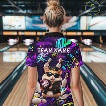 Load image into Gallery viewer, Bowler wearing custom funny hamster purple graffiti women bowling polo shirt on the lanes - back view