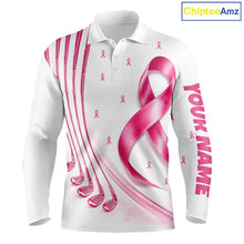 Load image into Gallery viewer, Front views of a white, pink breast cancer awareness ribbon pattern golf polo shirt, chest name text, and team name on the back.