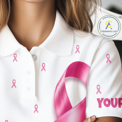 Close-up fabric detail of lightweight 100% polyester quick-dry golf polo shirt with "Your Name" on the sleeve.