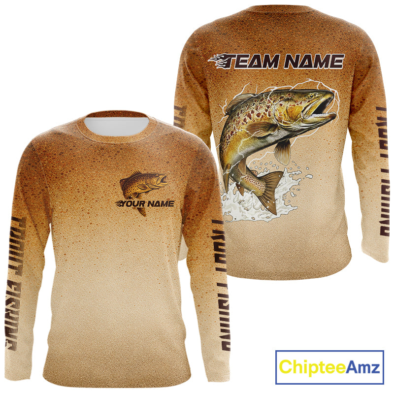 Brown Trout Fish Skin Long Sleeve Fishing Shirts Custom Name, Trout Fishing Shirts NBT402