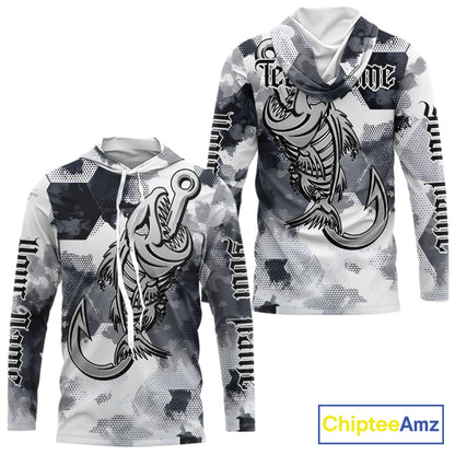 Front and back view of fish reaper skull long sleeve hooded fishing shirt for men with fish skeleton graphic and custom team name, your name
