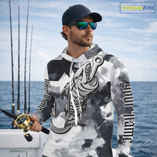Load image into Gallery viewer, Man wearing personalized fish skeleton long sleeve hooded fishing shirt with custom name on sleeves