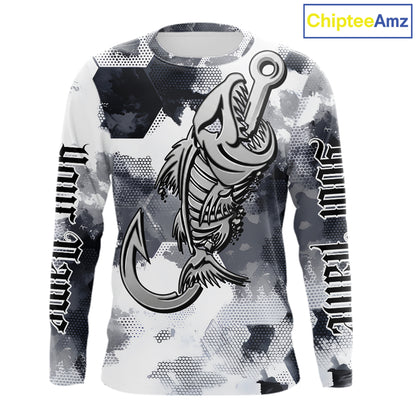 Front view of personalized fish skeleton fishing shirt for men with fish reaper skull design