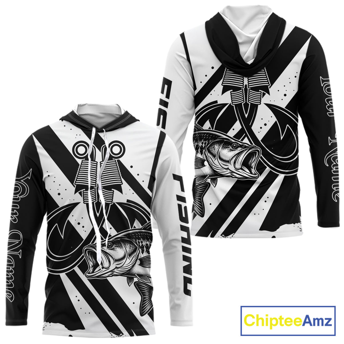 Front and back view of black and white largemouth bass sun protection hooded fishing jersey