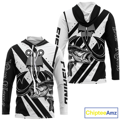 Front and back view of black and white largemouth bass sun protection hooded fishing jersey