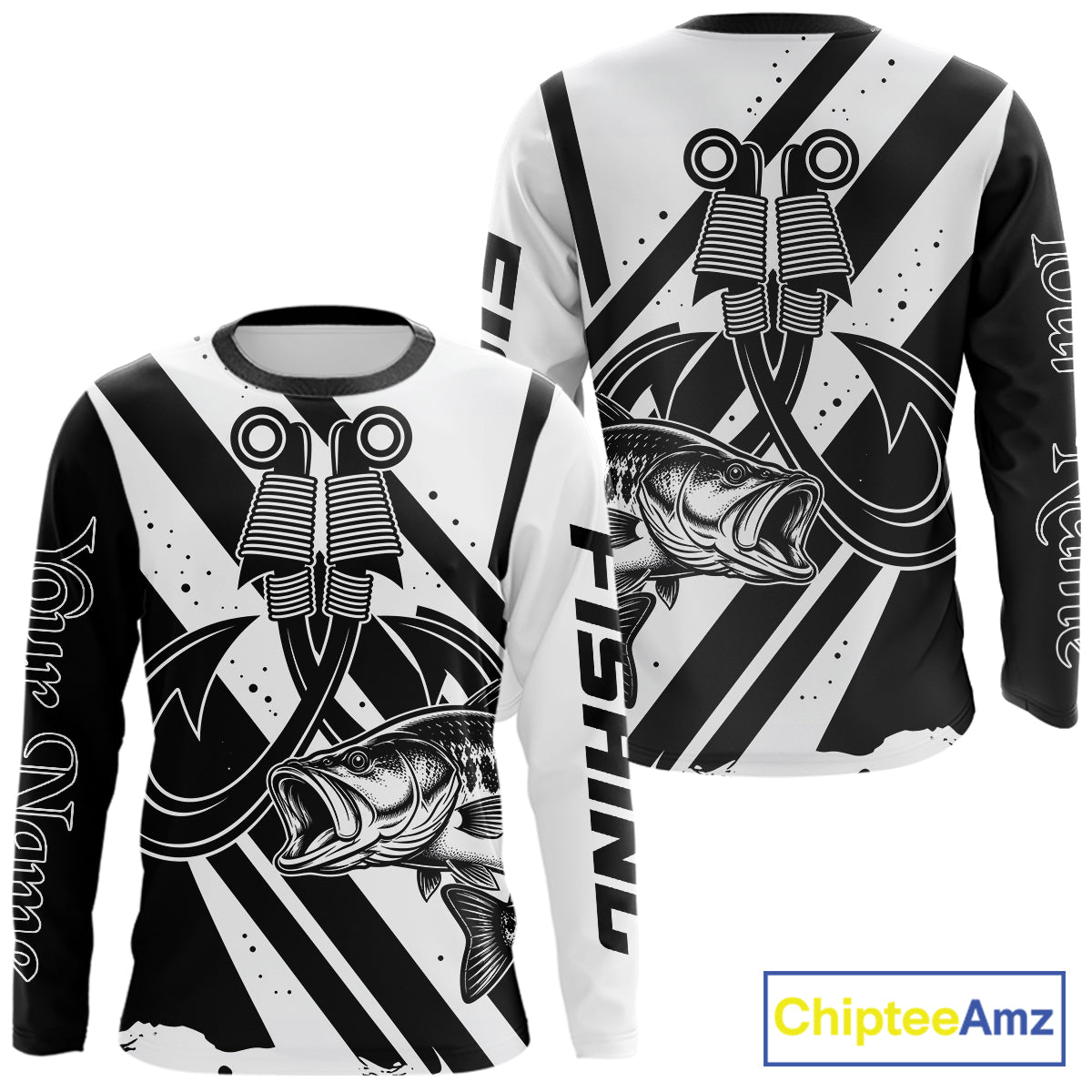 Front and back view of black and white largemouth bass sun protection fishing jersey