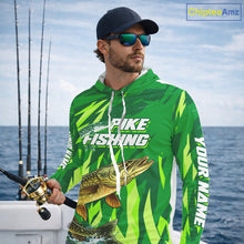 Load image into Gallery viewer, Pike Fishing Shirt Long Sleeve Hooded Green Camo Custom Name, Pike Fishing Jerseys For Men NBT408