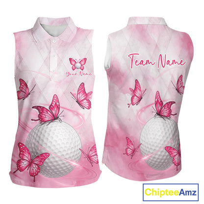 Pink Womens Sleeveless Golf Polo Shirt Custom Butterfly Team Ladies Golf Tops, Golf Gifts NBT596