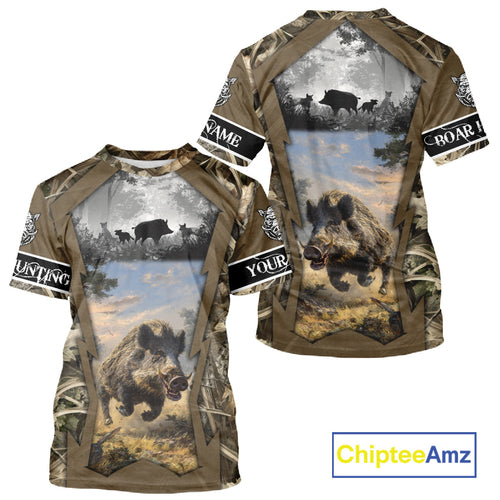 Brown Camo Wild Boar Hunting Shirt Custom Name Hunting Clothes Gifts for Hunter NBT125