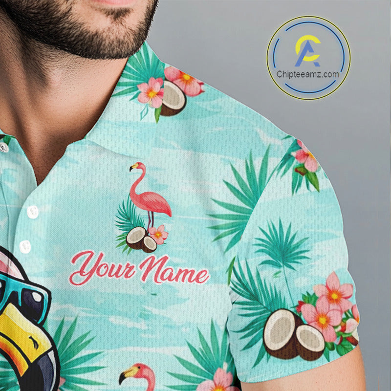 Funny Mens Golf Polo Shirts Custom Name Pink Flamingo Pattern, Tropical Golf Shirt NBT478