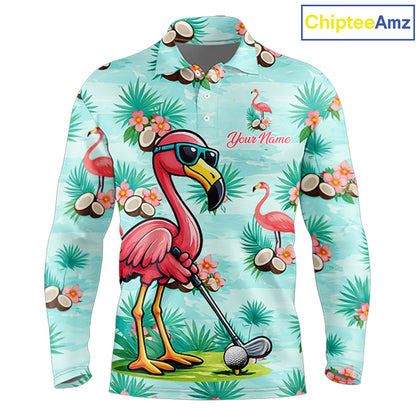 Funny Mens Golf Polo Shirts Custom Name Pink Flamingo Pattern, Tropical Golf Shirt NBT478