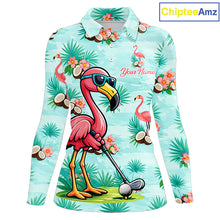 Load image into Gallery viewer, Funny Womens Golf Polo Shirts Custom Name  Pink Flamingo Pattern, Tropical Golf Shirt NBT478