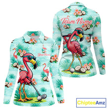 Load image into Gallery viewer, Funny Womens Golf Polo Shirts Custom Name  Pink Flamingo Pattern, Tropical Golf Shirt NBT478