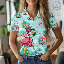Load image into Gallery viewer, Funny Womens Golf Polo Shirts Custom Name  Pink Flamingo Pattern, Tropical Golf Shirt NBT478