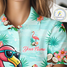 Load image into Gallery viewer, Funny Womens Golf Polo Shirts Custom Name  Pink Flamingo Pattern, Tropical Golf Shirt NBT478