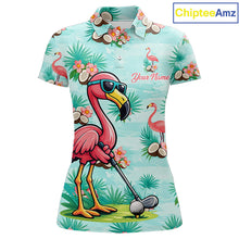 Load image into Gallery viewer, Funny Womens Golf Polo Shirts Custom Name  Pink Flamingo Pattern, Tropical Golf Shirt NBT478