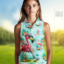 Load image into Gallery viewer, Funny Women Sleeveless Golf Polo Shirts Custom Pink Flamingo Pattern, Tropical Golf Shirt NBT478