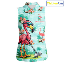 Load image into Gallery viewer, Funny Women Sleeveless Golf Polo Shirts Custom Pink Flamingo Pattern, Tropical Golf Shirt NBT478