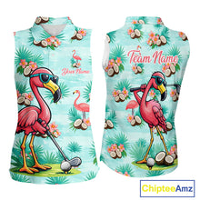 Load image into Gallery viewer, Funny Women Sleeveless Golf Polo Shirts Custom Pink Flamingo Pattern, Tropical Golf Shirt NBT478
