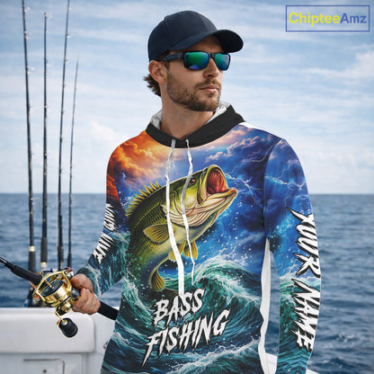 Personalized Bass Thunder And Lightening Long Sleeve Hooded Fishing Shirts, Custom Bass Fishing Jerseys NBT378