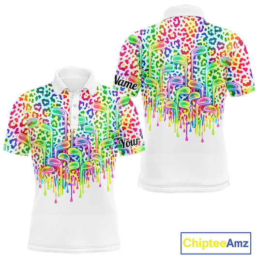 Mens Golf Polo Shirts Colorful Neon Watercolor Leopard Custom Name White Golf Shirts NBT509