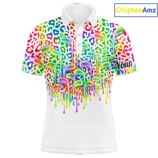 Mens Golf Polo Shirts Colorful Neon Watercolor Leopard Custom Name White Golf Shirts NBT509
