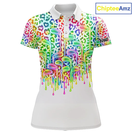 Womens Golf Polo Shirts Colorful Neon Watercolor Leopard Custom Name White Golf Shirts NBT509