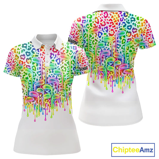 Womens Golf Polo Shirts Colorful Neon Watercolor Leopard Custom Name White Golf Shirts NBT509