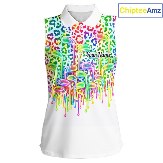 Womens Sleeveless Golf Polo Shirts Colorful Neon Watercolor Leopard Custom Name White Golf Shirts NBT509