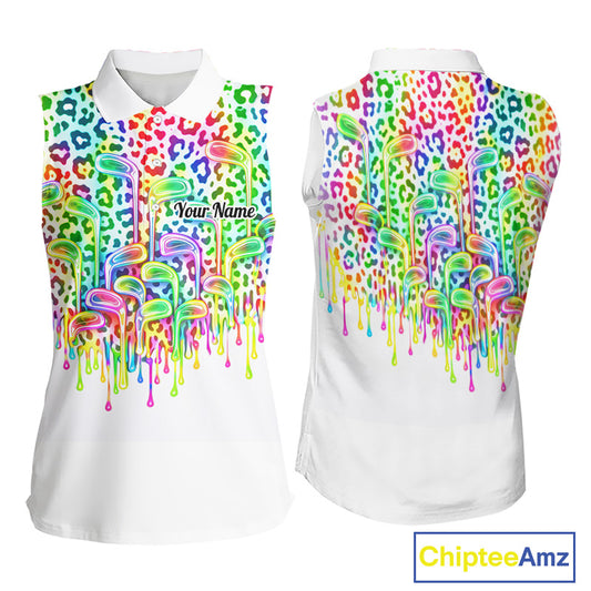 Womens Sleeveless Golf Polo Shirts Colorful Neon Watercolor Leopard Custom Name White Golf Shirts NBT509